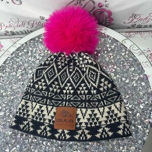 Hat toque winter warm cozy knit Black and White Knit Beanie with Pink Pom